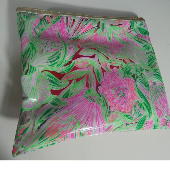 Lily Pulitzer Beach Bag Pouch Zipper Closure Towel Clips Pink Green Vinyl - Picture 3 of 4